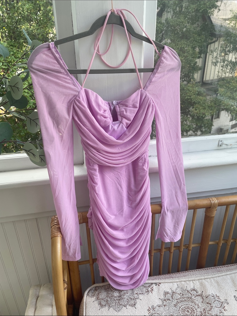 Hello Molly Lilac Draped Long Sleeve Halter Mini Dress